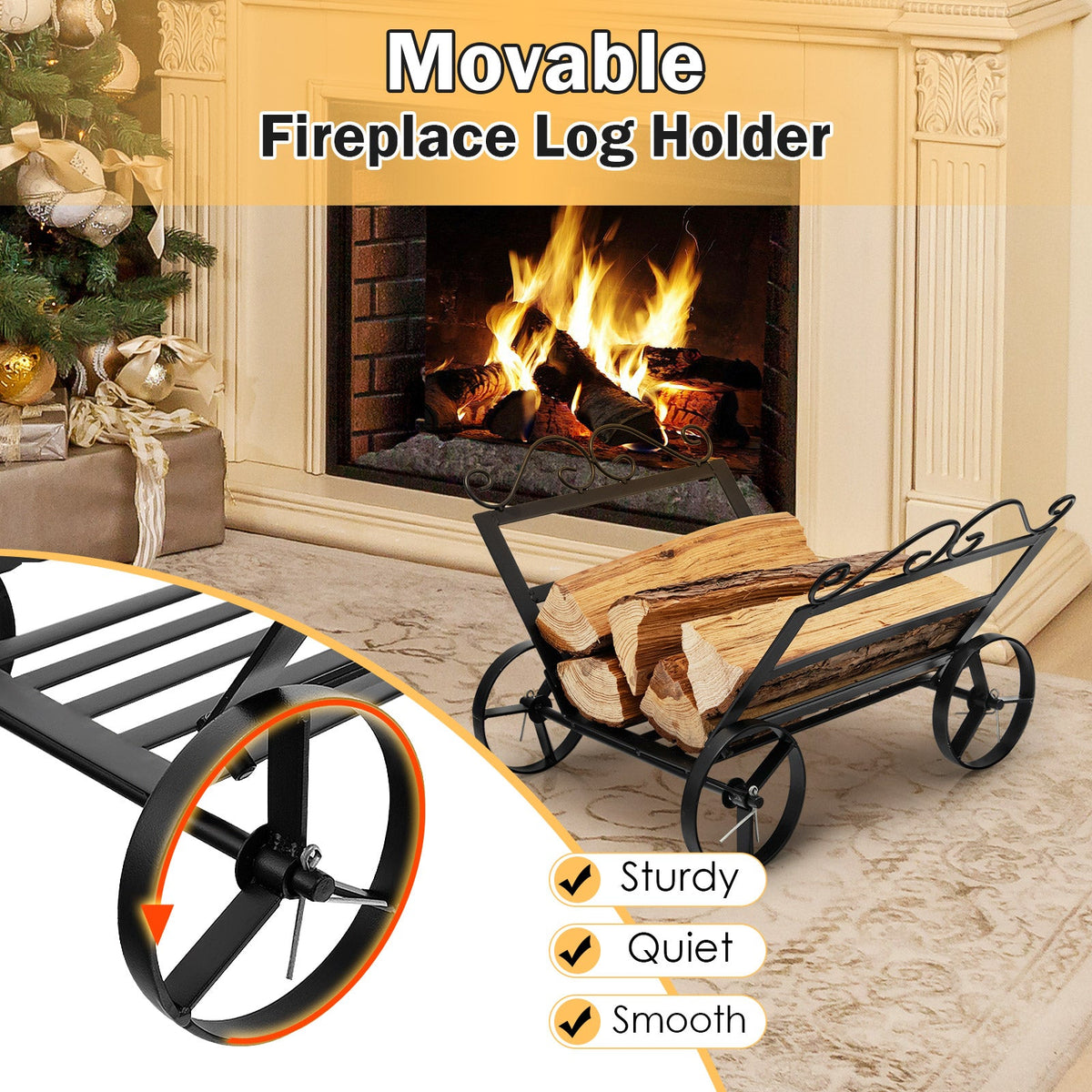 Firewood Rack Decorative Rustproof Steel Fireplace Log Holder with Wheels DirectDeals