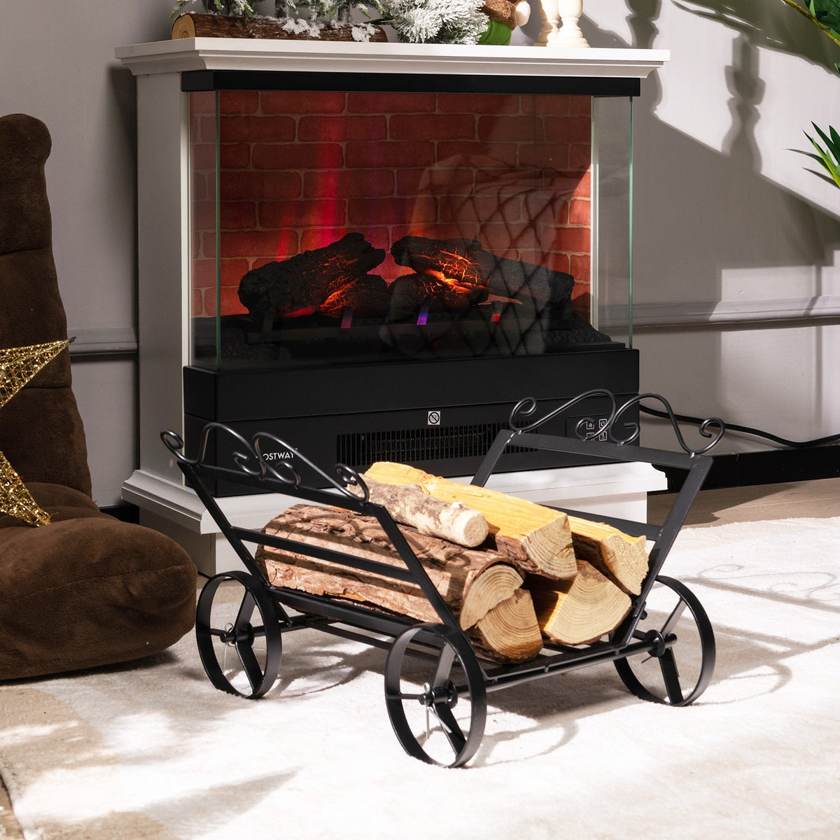 Firewood Rack Decorative Rustproof Steel Fireplace Log Holder with Wheels DirectDeals