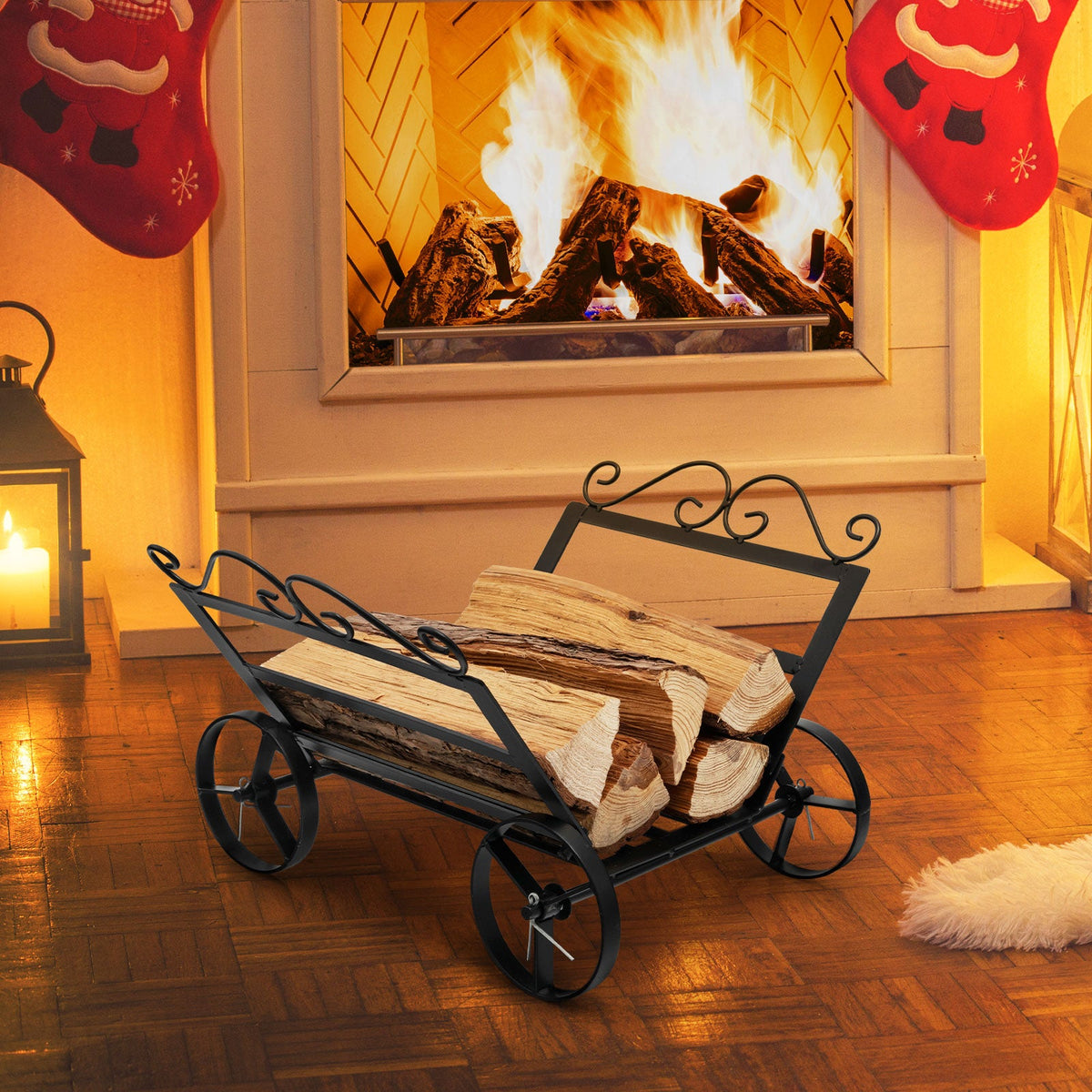 Firewood Rack Decorative Rustproof Steel Fireplace Log Holder with Wheels DirectDeals