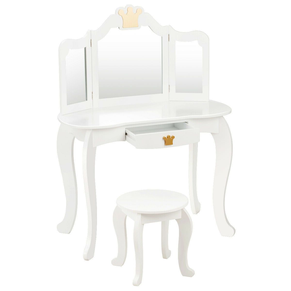 Kids Makeup Dressing Table with Tri-folding Mirror and Stool-White GBruno Store