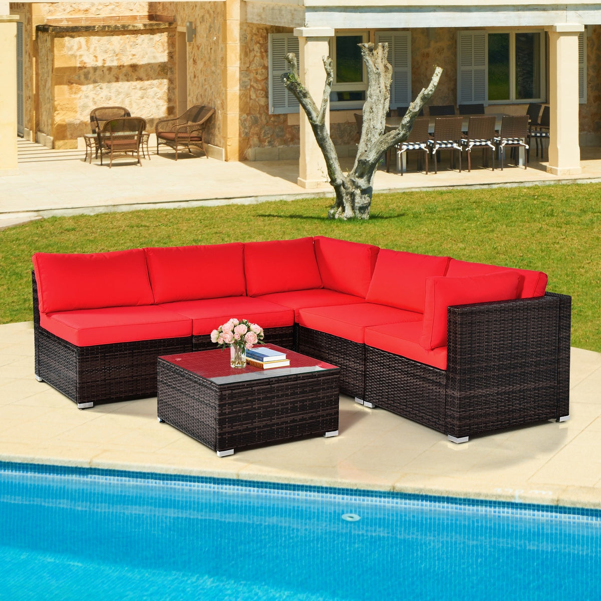 6 Pieces Patio Rattan Furniture Set with Cushions DirectDeals