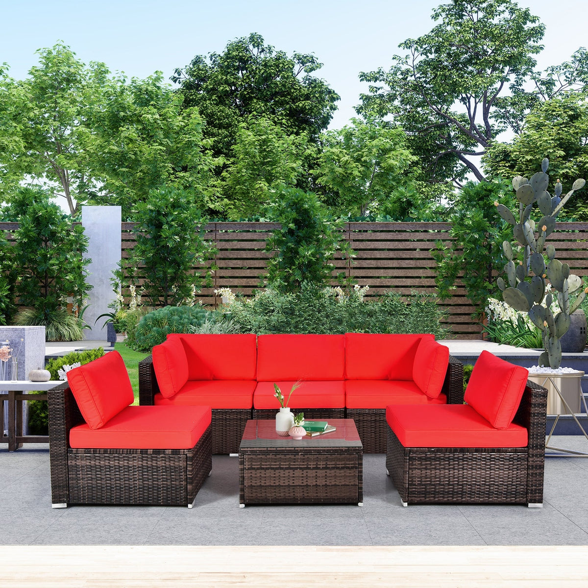 6 Pieces Patio Rattan Furniture Set with Cushions DirectDeals