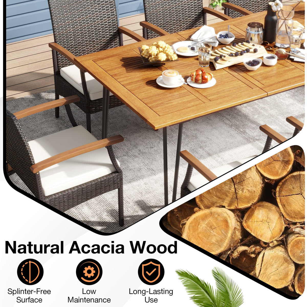 9 Pieces Outdoor Patio Dining Set with Acacia Wood Square Table and Umbrella Hole