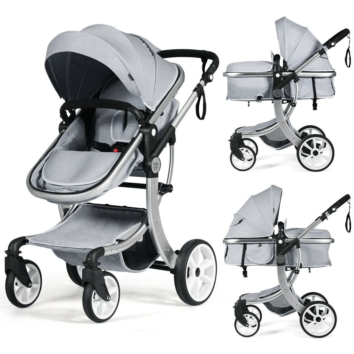 Folding Aluminum Infant Reversible Stroller with Diaper Bag-Gray GBruno Store
