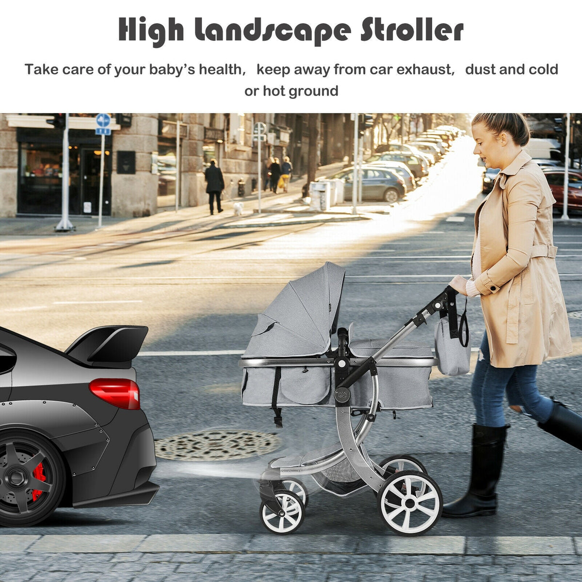 Folding Aluminum Infant Reversible Stroller with Diaper Bag-Gray GBruno Store
