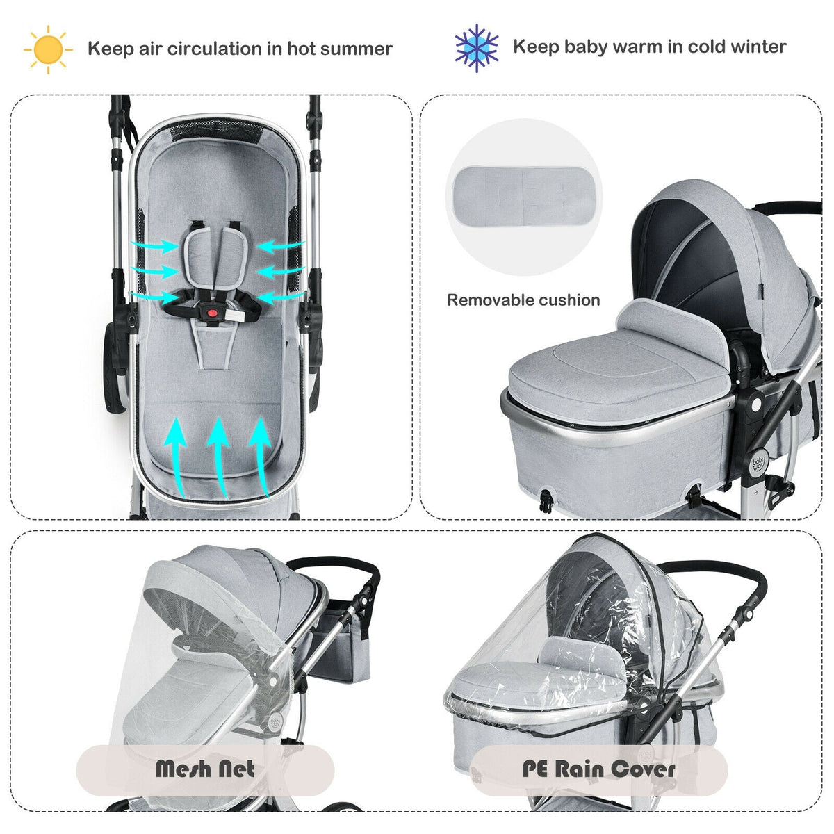 Folding Aluminum Infant Reversible Stroller with Diaper Bag-Gray GBruno Store
