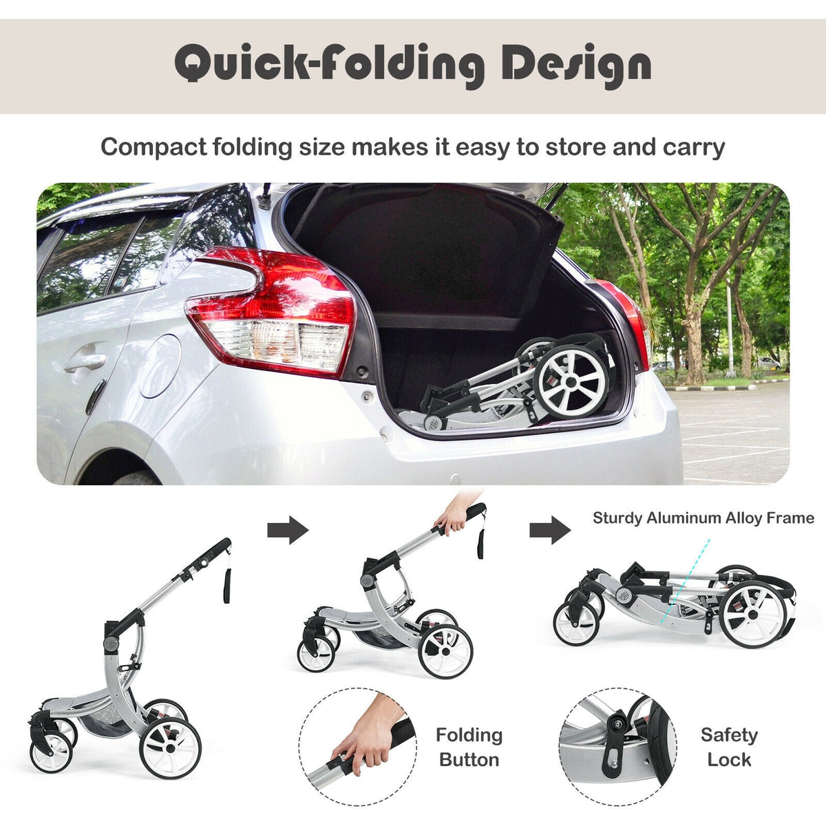 Folding Aluminum Infant Reversible Stroller with Diaper Bag-Gray GBruno Store