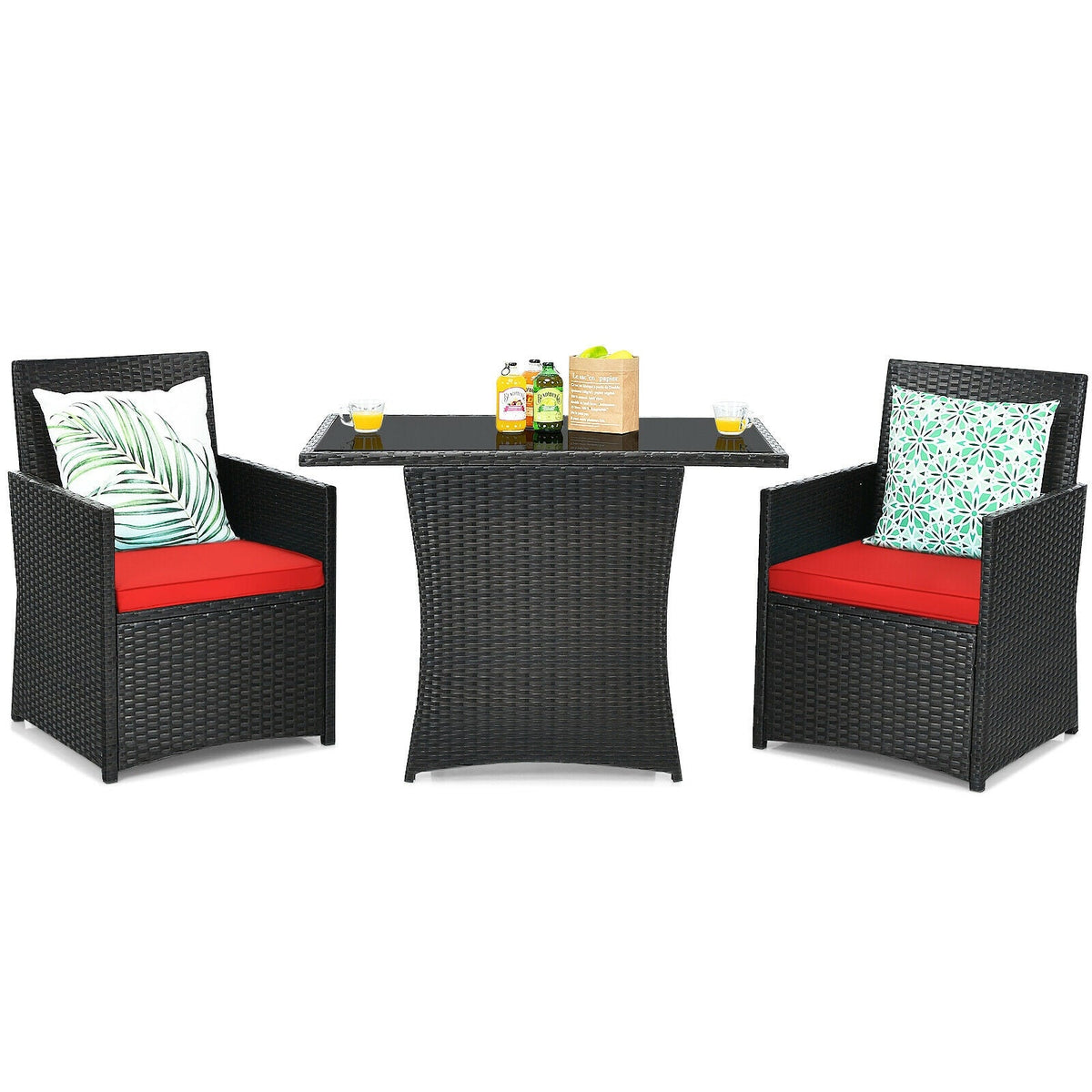 3 Pieces Patio Rattan Furniture Set with Cushion and Sofa Armrest
