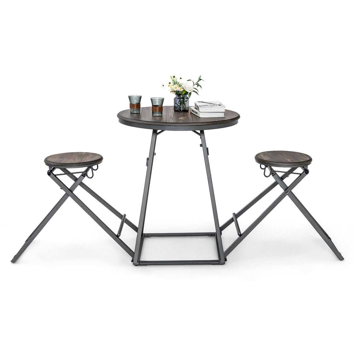 3 Pieces Dining Table Set with 2 Foldable Stools for Small Space-Gray