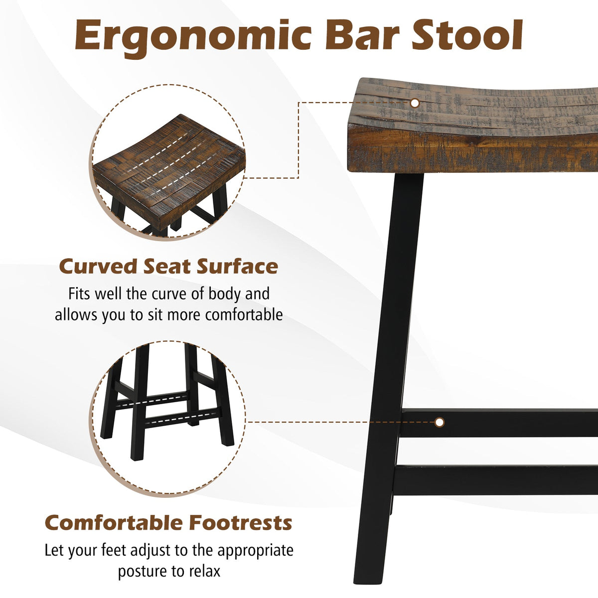 24 Inch Solid Wood Saddle-Seat with Curved Seat Surface and Comfortable Footrests
