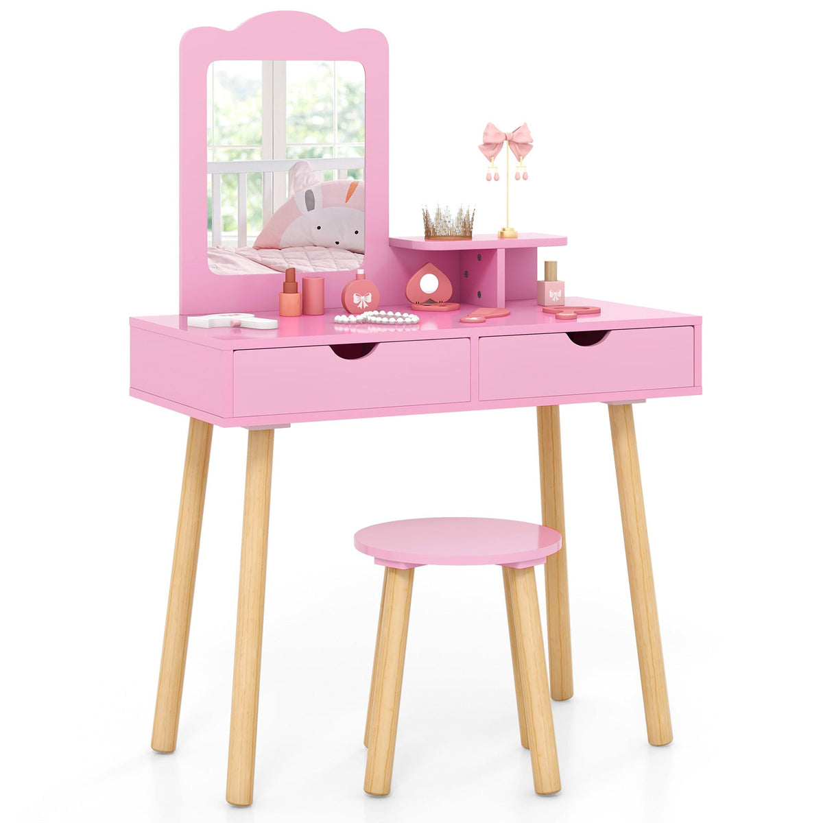 Kid Vanity Table Chair Set with Mirror and 2 Large Storage Drawers