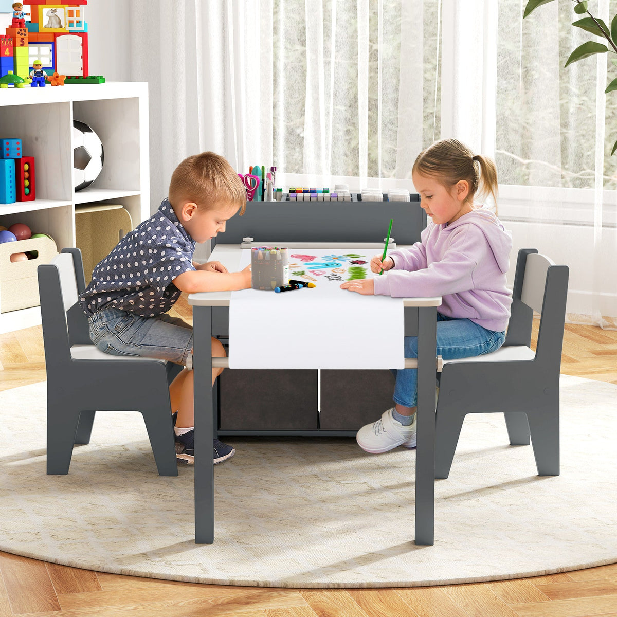 Kids Art Table and Chairs Set with 2 Chairs and Paper Roll