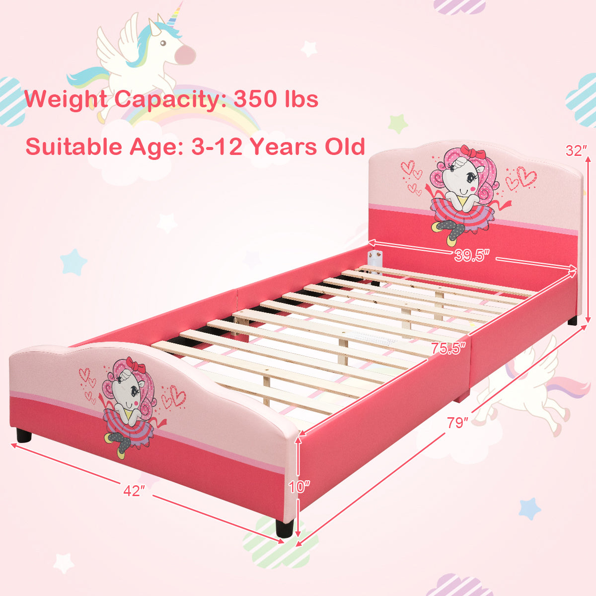 Kids Children Upholstered Platform Toddler Girl Pattern Bed