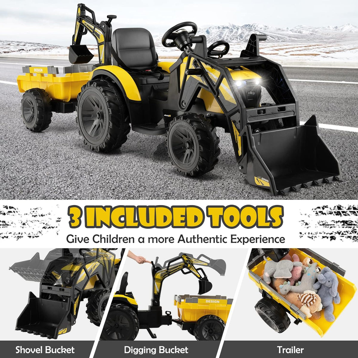3-in-1 Electric Ride-On Tractor Bulldozer with Trailer and Remote Control for Kids (24V) MagicCars