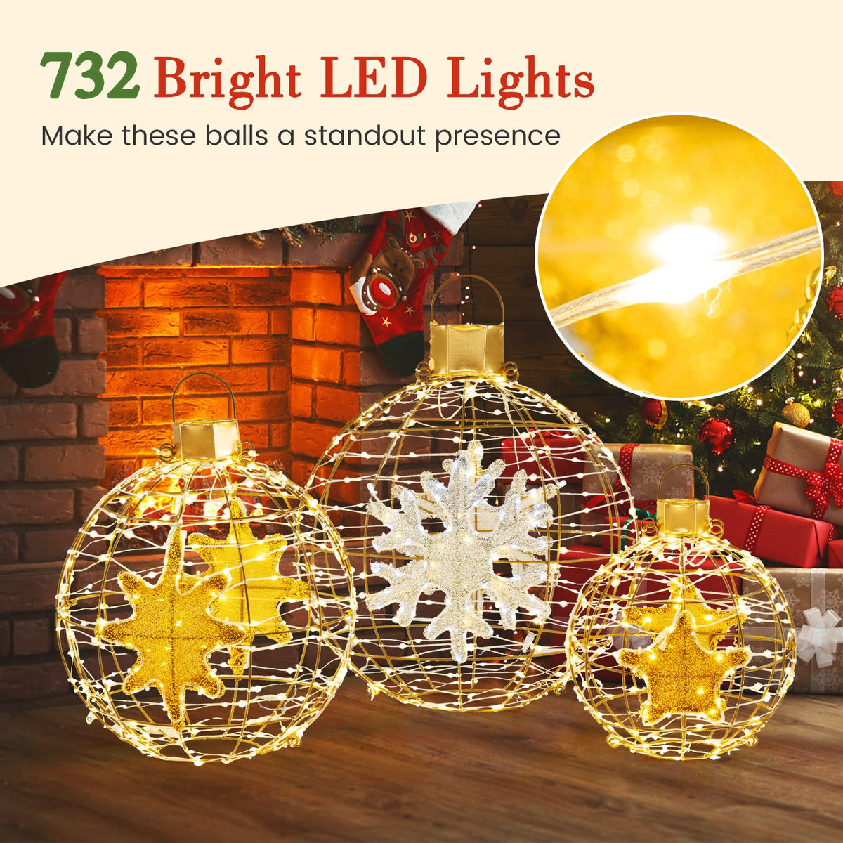 3 Pieces Pre-Lit Lantern Balls with 732 Bright LED Lights and Ground Stakes