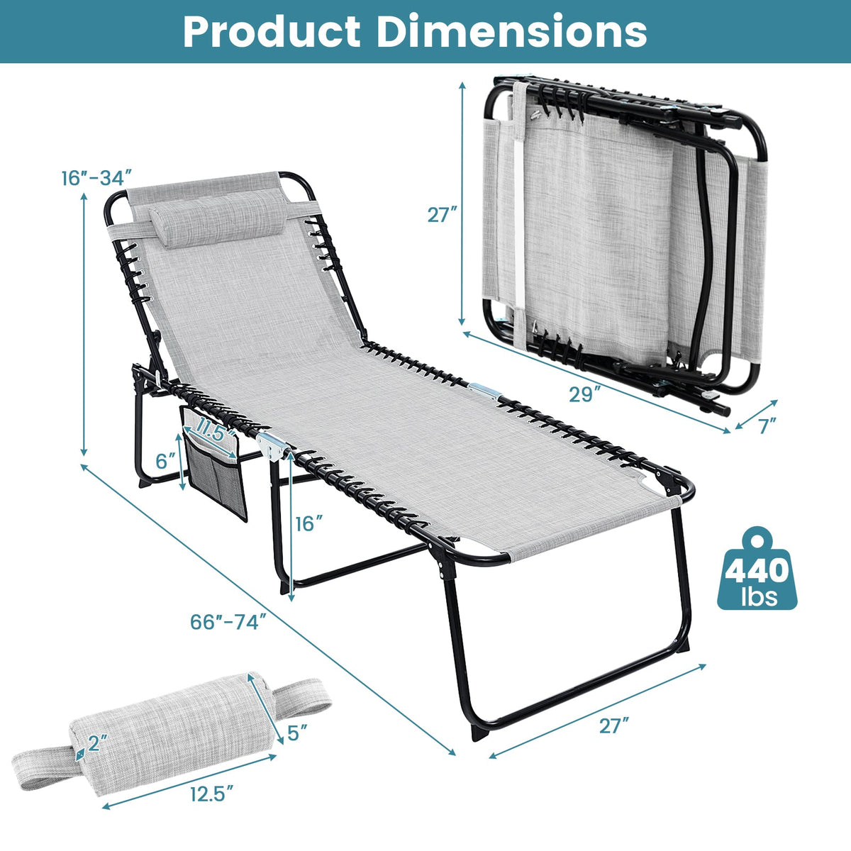 4 Position Folding Lounge Chaise with Adjustable Backrest and Footrest