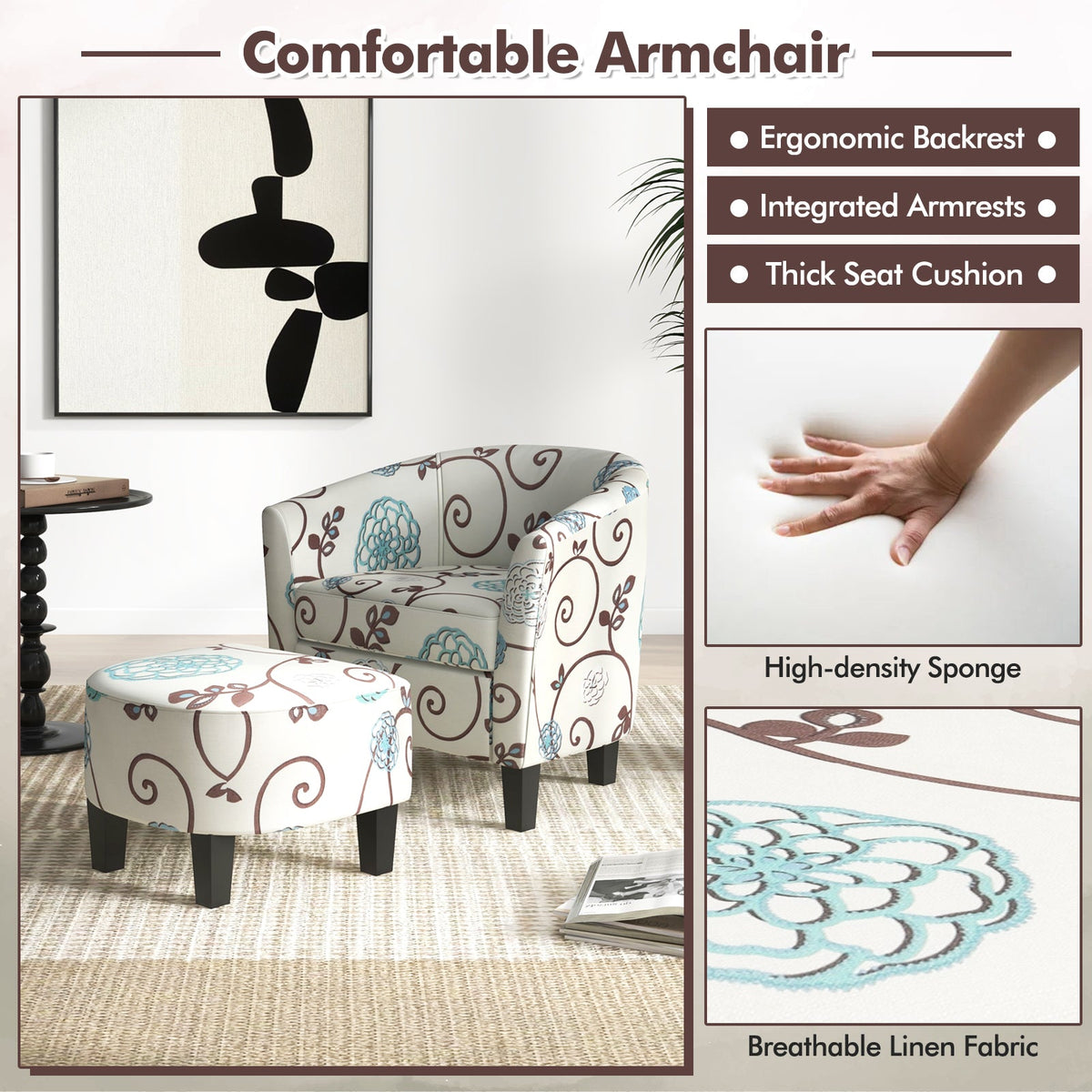 Modern Accent Tub Chair and Ottoman Set with Fabric Upholstered-Beige