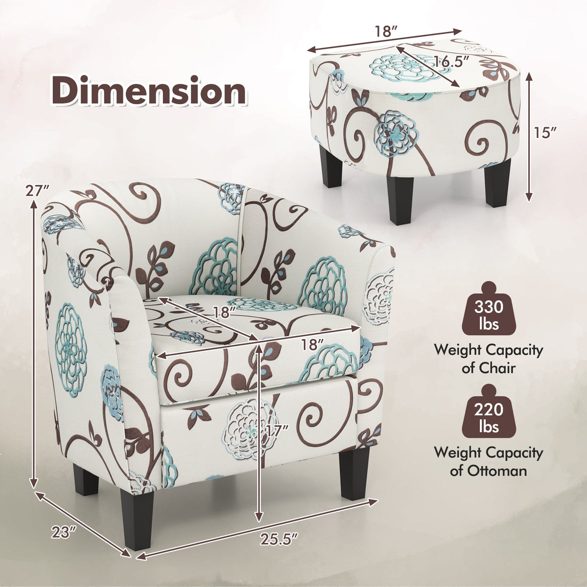Modern Accent Tub Chair and Ottoman Set with Fabric Upholstered-Beige