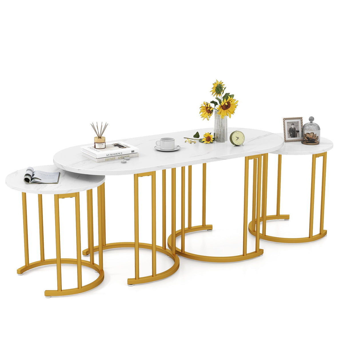 Nesting Coffee Table Set of 3 with Faux Marble Tabletop and Powder-coated Gold Metal Frame-White