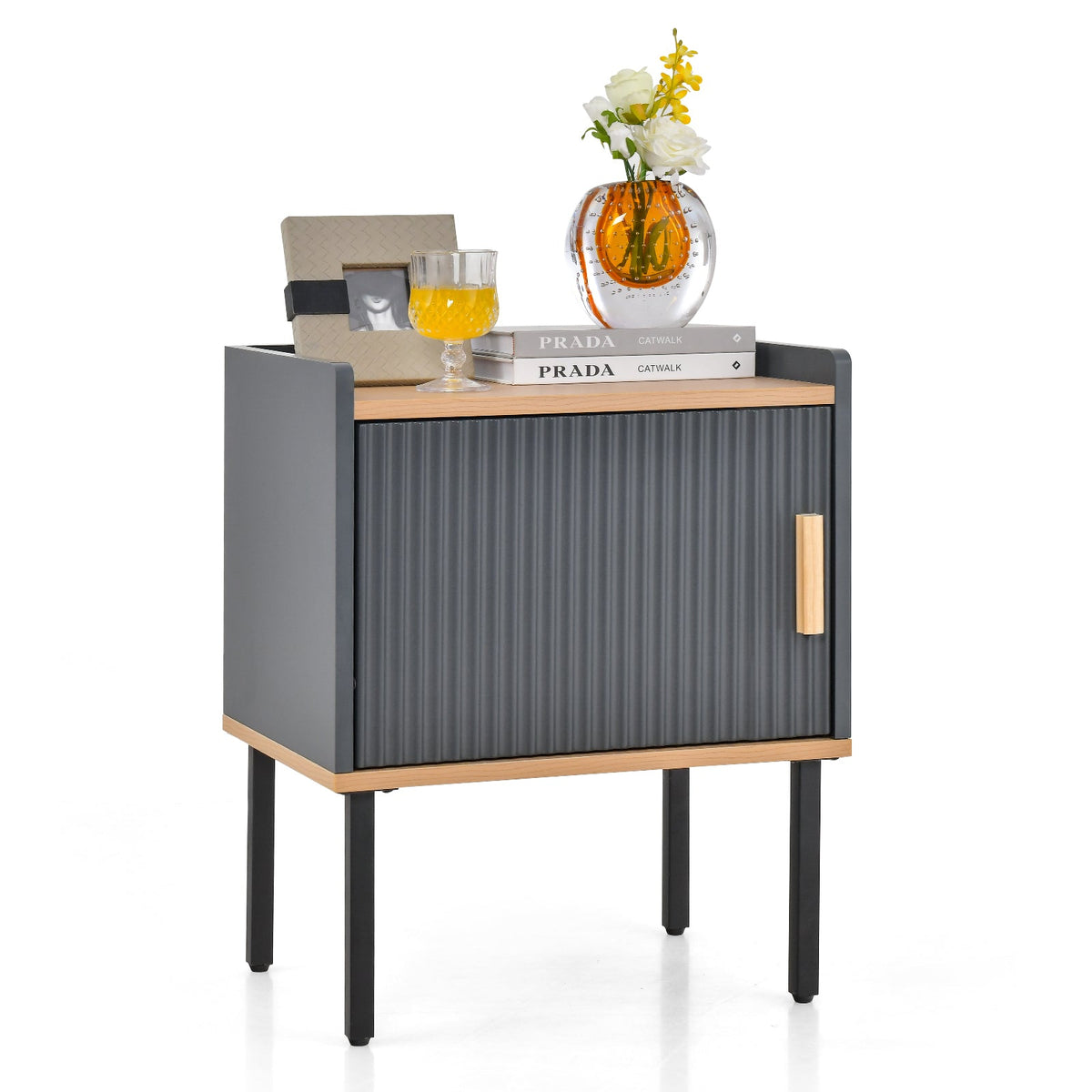Nightstand Bedside End Table with Door Cabinet for Living Room Bedroom-Gray