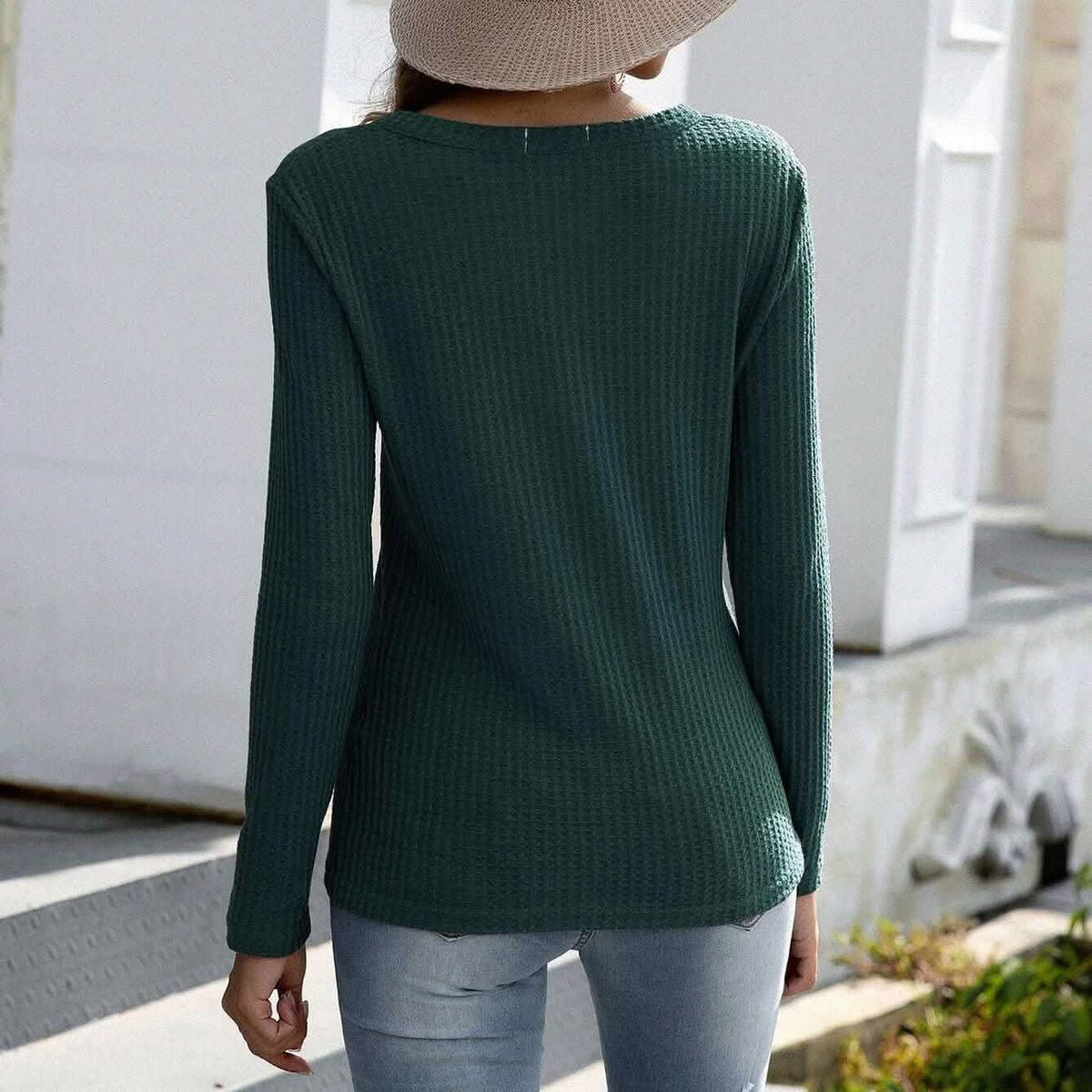 Notched Waffle Knit Solid Tee