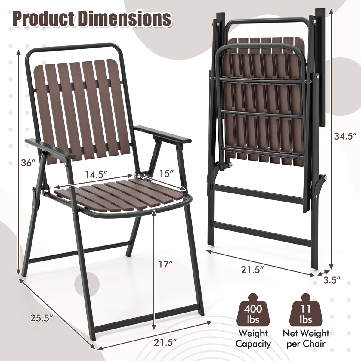 Folding Patio Dining Chairs Set of 4 - Heavy-Duty Metal Frame