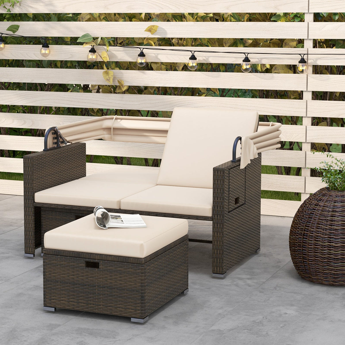 Outdoor Patio Rattan Daybed with Retractable Canopy and Adjustable Backrests