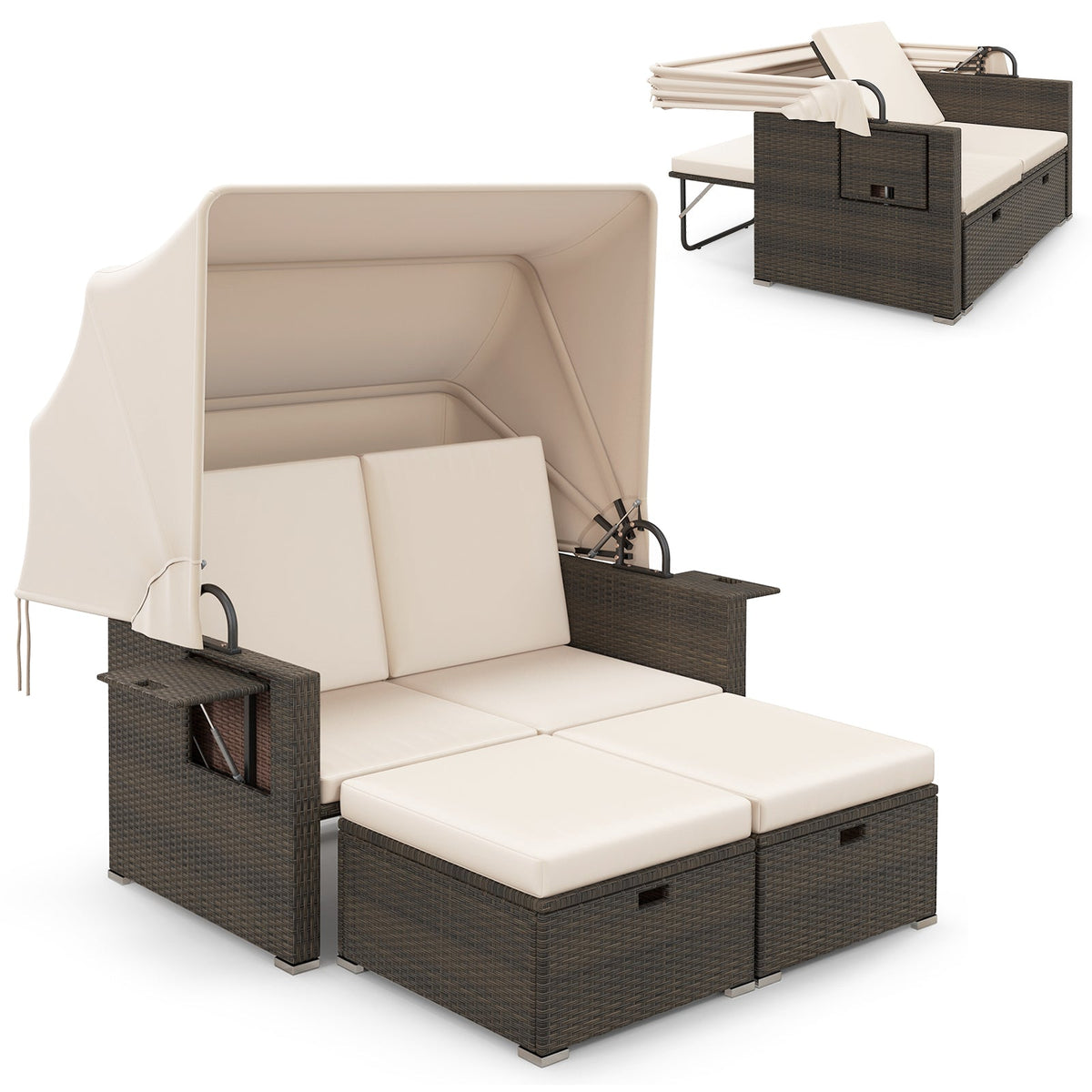 Outdoor Patio Rattan Daybed with Retractable Canopy and Adjustable Backrests