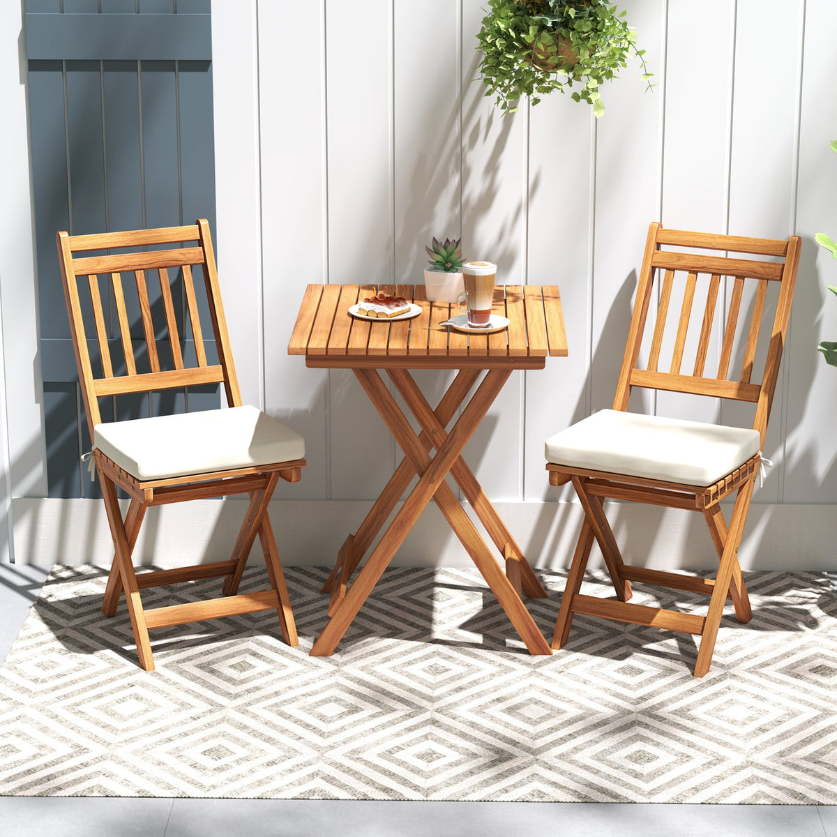 Outdoor Wood Bistro Set with Soft Seat Cushions and Table-White