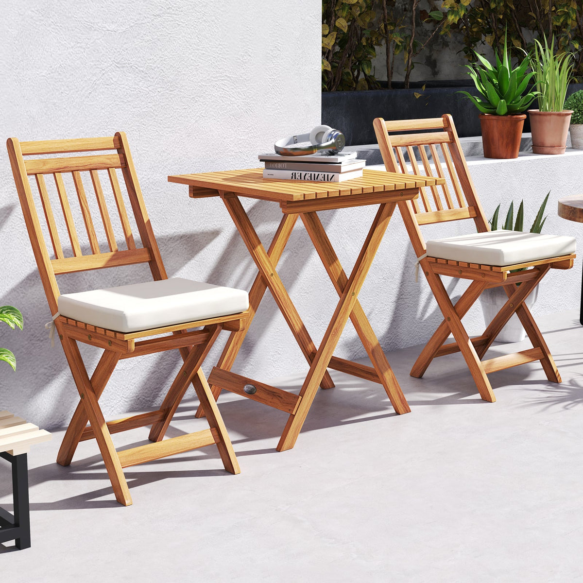 Outdoor Wood Bistro Set with Soft Seat Cushions and Table-White