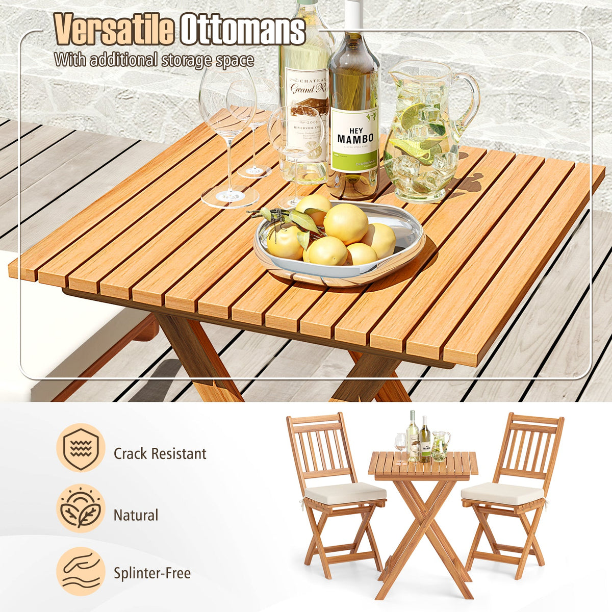 Outdoor Wood Bistro Set with Soft Seat Cushions and Table-White