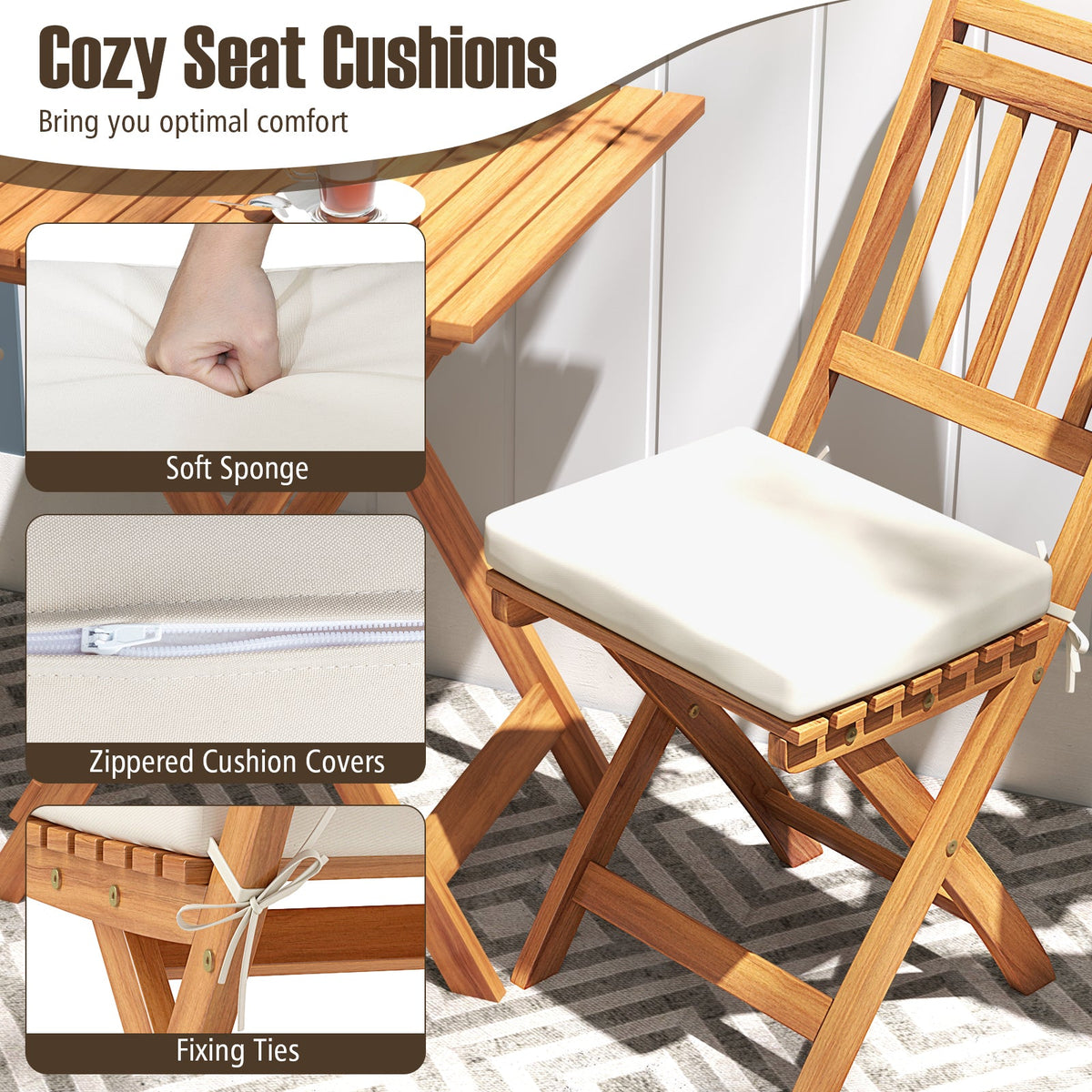 Outdoor Wood Bistro Set with Soft Seat Cushions and Table-White