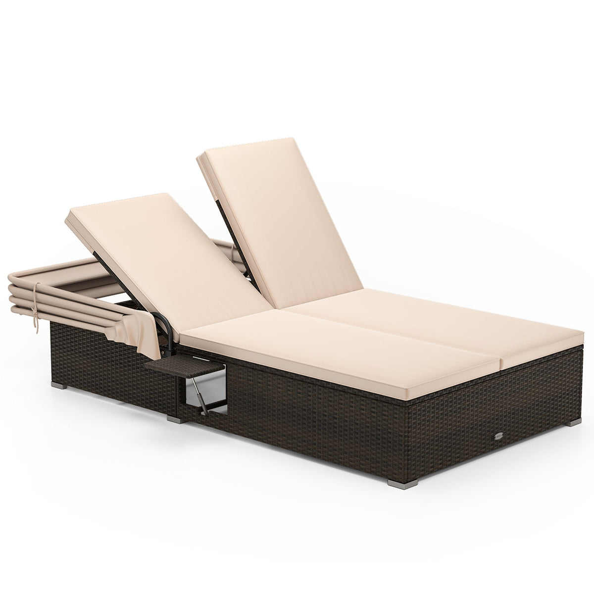 Patio Double Chaise Lounge with Shade Cushions and Folding Side Trays
