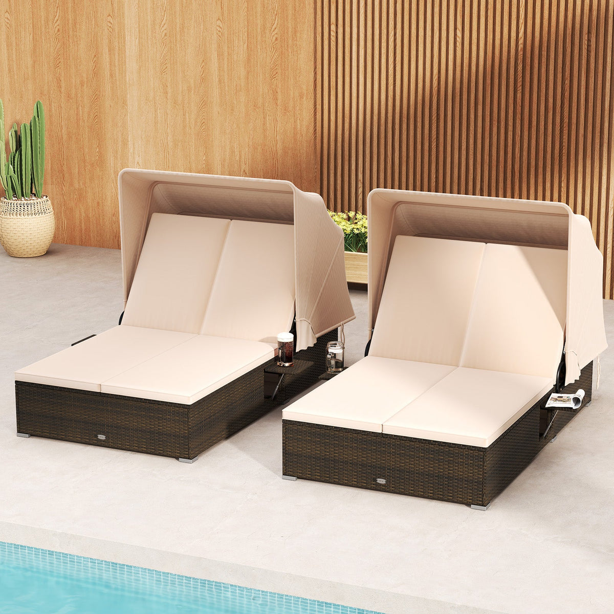 Patio Double Chaise Lounge with Shade Cushions and Folding Side Trays