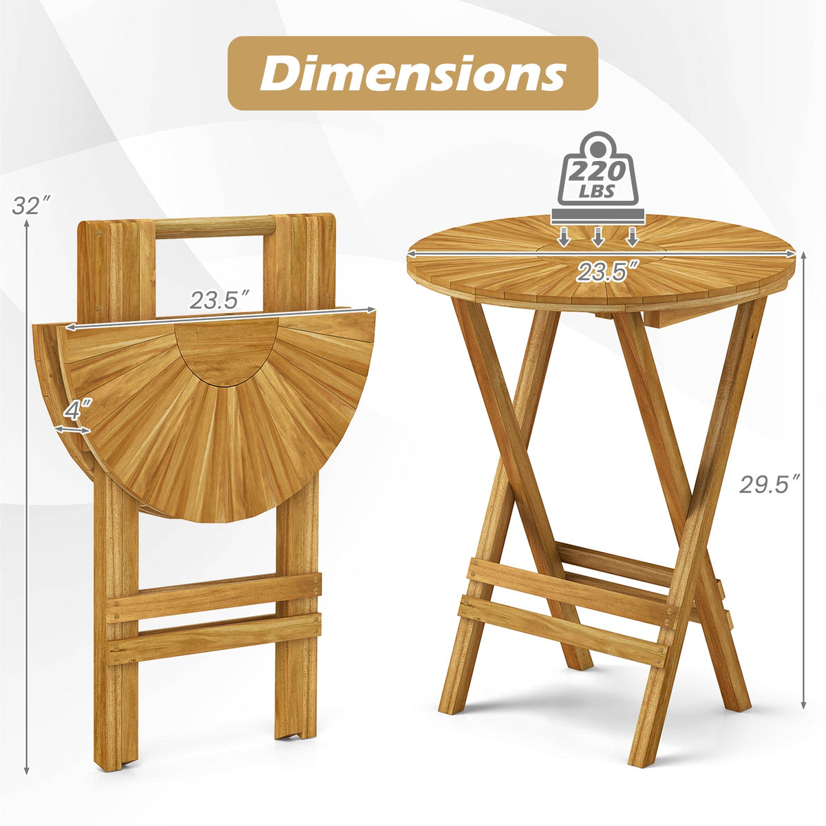 Patio Folding Side Table Teak Wood Round End Table with Slatted Tabletop and X-Shaped Frame DirectDeals