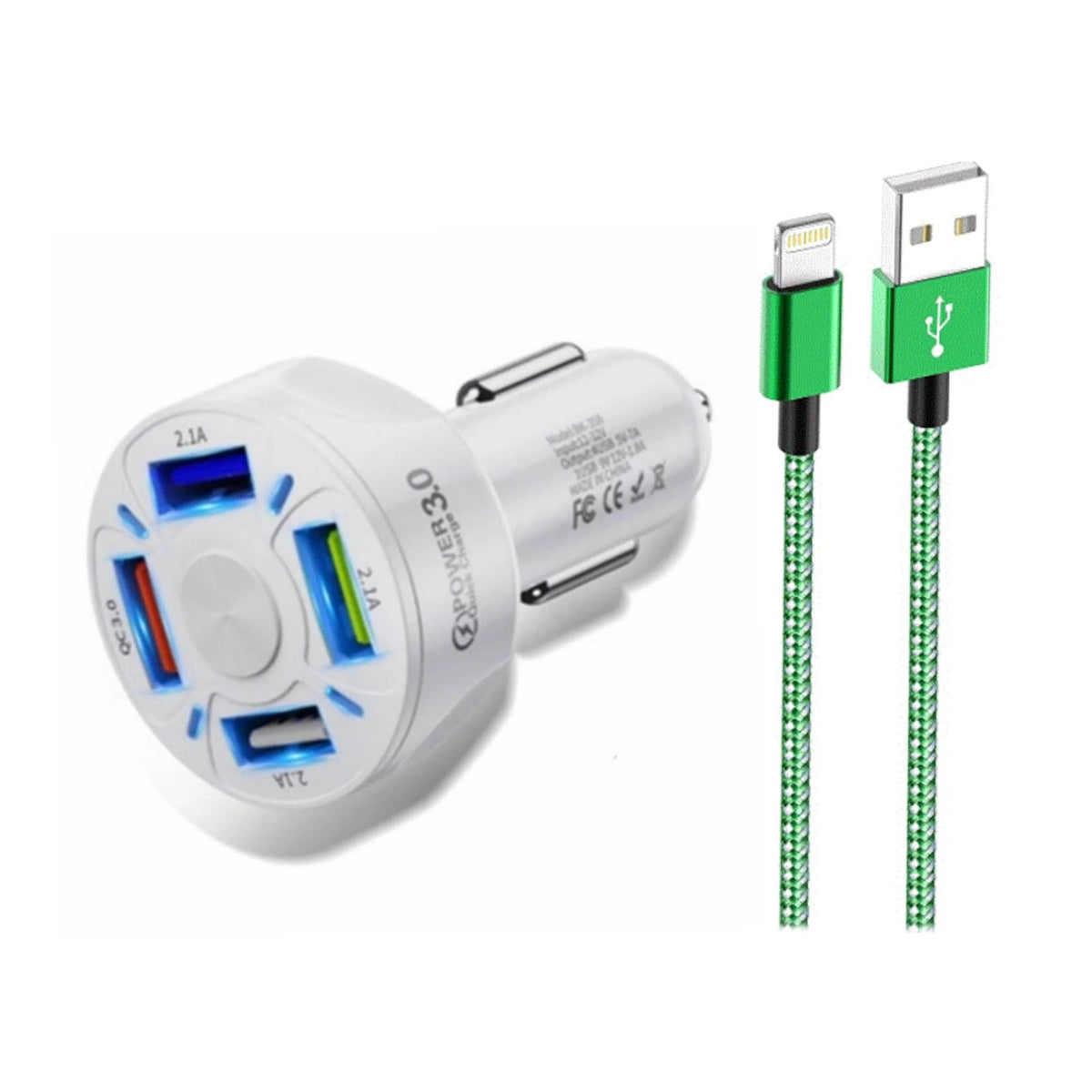PBG 4 Port LED Car Charger and 6Ft. Lightning Cable Combo