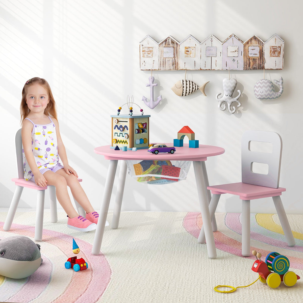 Wood Activity Kids Table and Chair Set with Center Mesh Storage for Snack Time and Homework-Pink