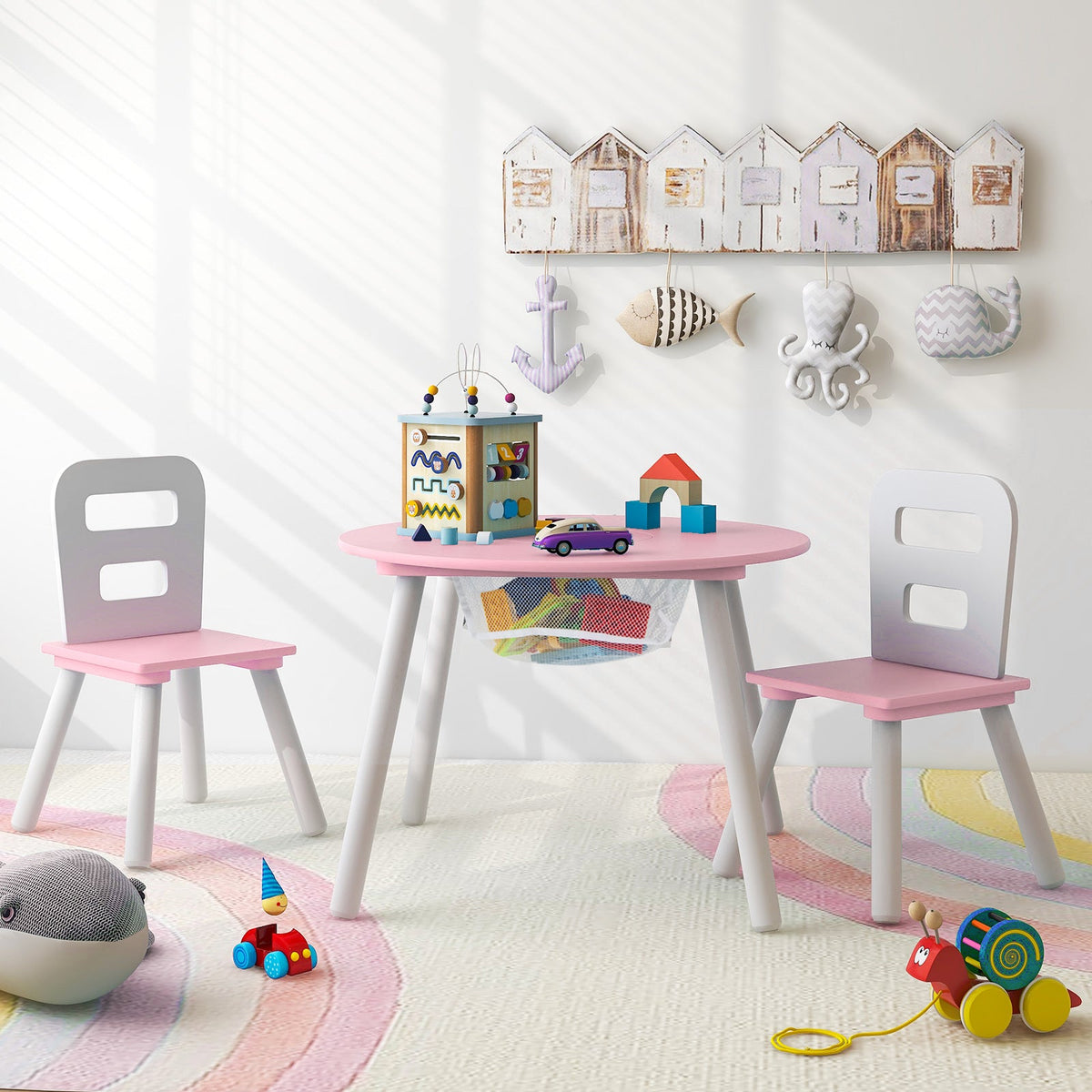 Wood Activity Kids Table and Chair Set with Center Mesh Storage for Snack Time and Homework-Pink