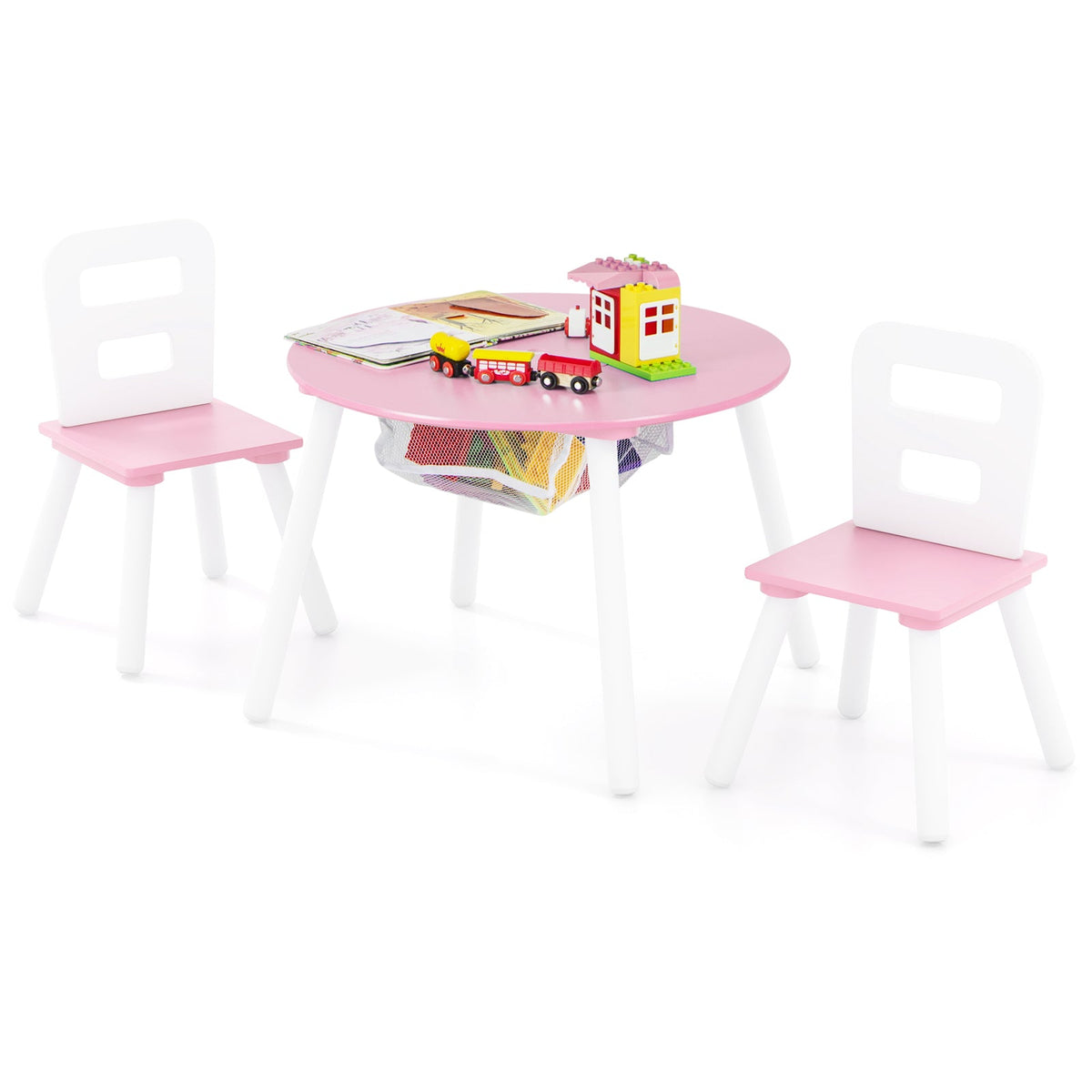 Wood Activity Kids Table and Chair Set with Center Mesh Storage for Snack Time and Homework-Pink