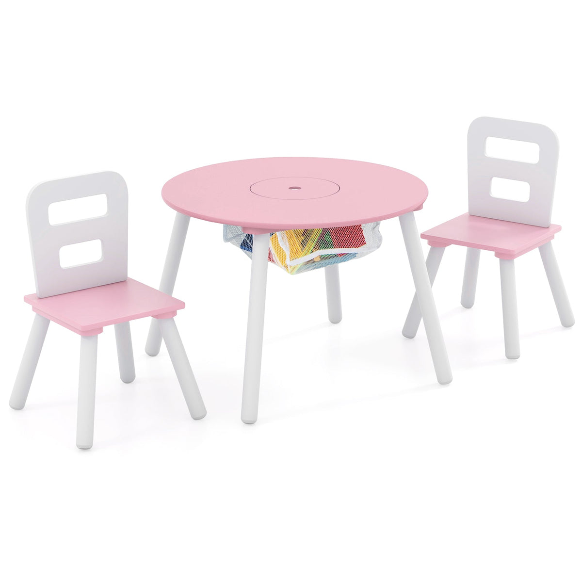 Wood Activity Kids Table and Chair Set with Center Mesh Storage for Snack Time and Homework-Pink