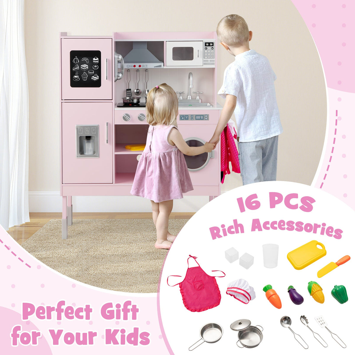 Pretend Play Kitchen for Kids with 16 Pieces Accessories-Pink