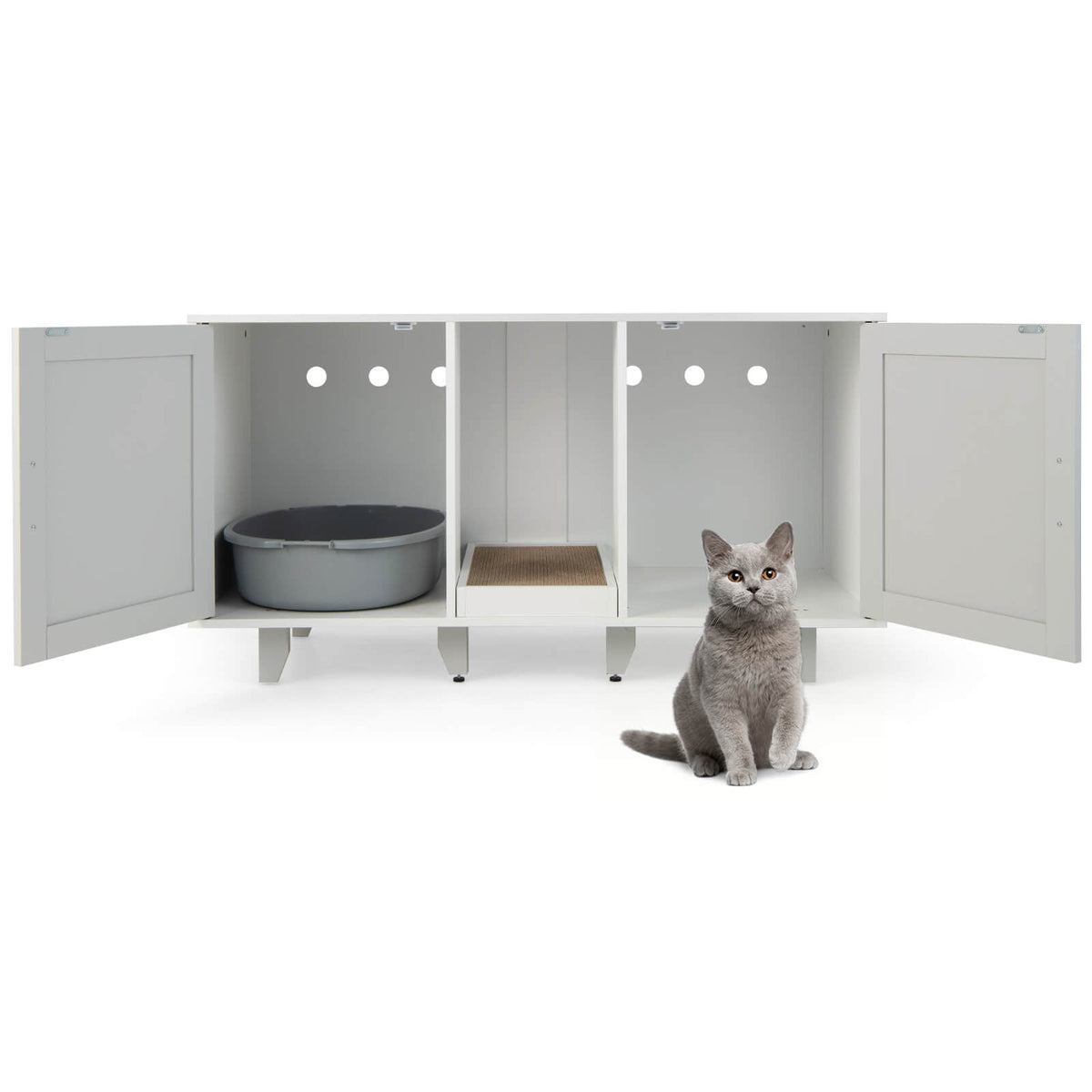 2-Door Cat Litter Box Enclosure with Winding Entry and Scratching Board-Gray GBruno Store