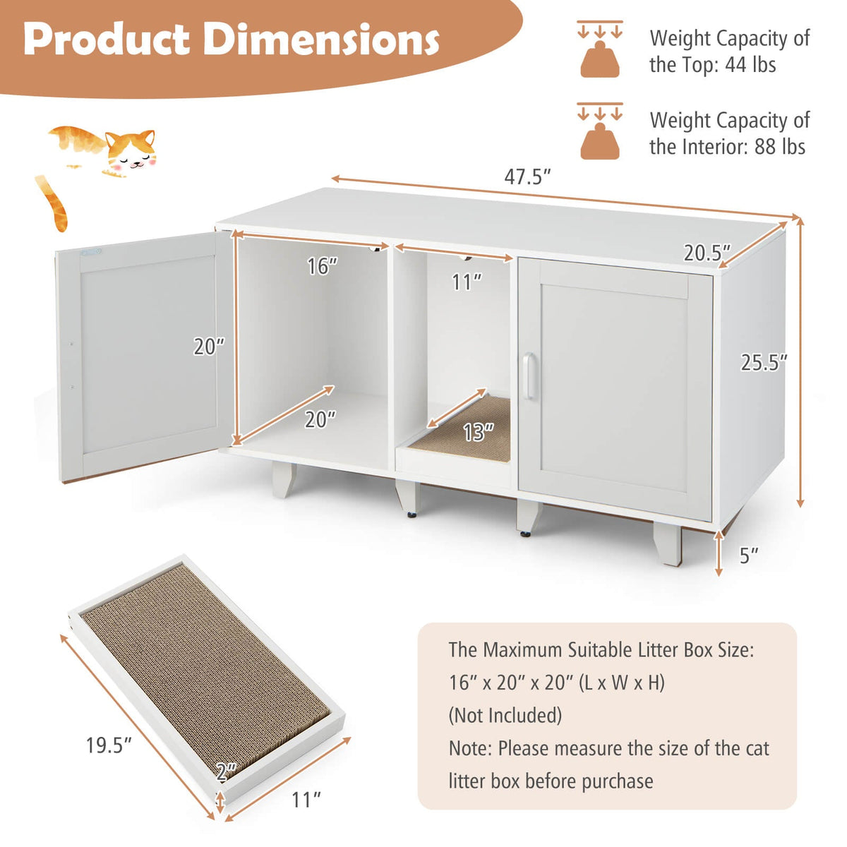 2-Door Cat Litter Box Enclosure with Winding Entry and Scratching Board-Gray GBruno Store
