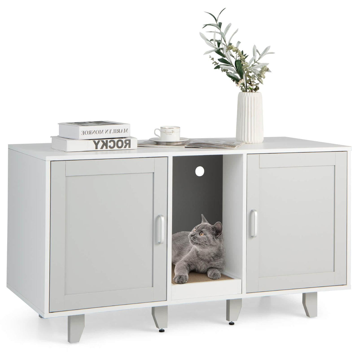 2-Door Cat Litter Box Enclosure with Winding Entry and Scratching Board-Gray GBruno Store