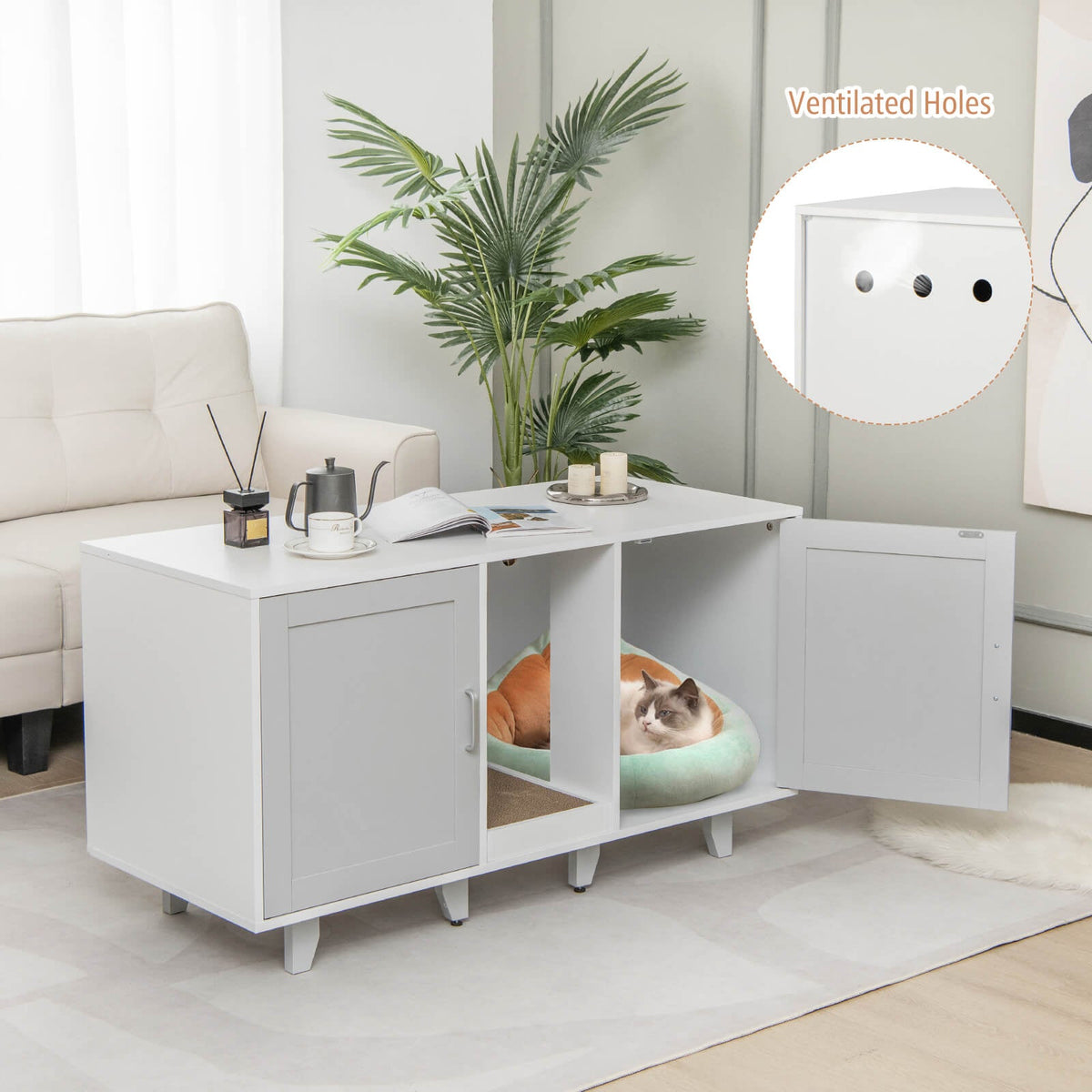 2-Door Cat Litter Box Enclosure with Winding Entry and Scratching Board-Gray GBruno Store
