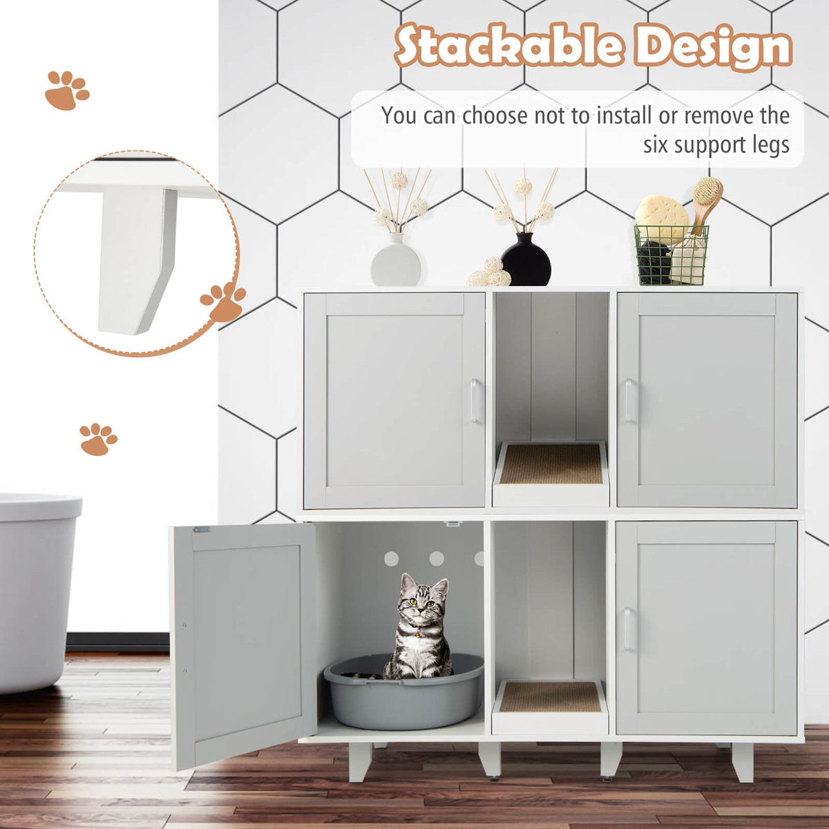 2-Door Cat Litter Box Enclosure with Winding Entry and Scratching Board-Gray GBruno Store