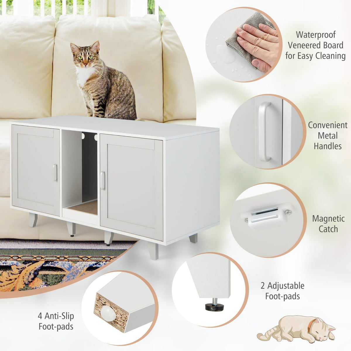 2-Door Cat Litter Box Enclosure with Winding Entry and Scratching Board-Gray GBruno Store