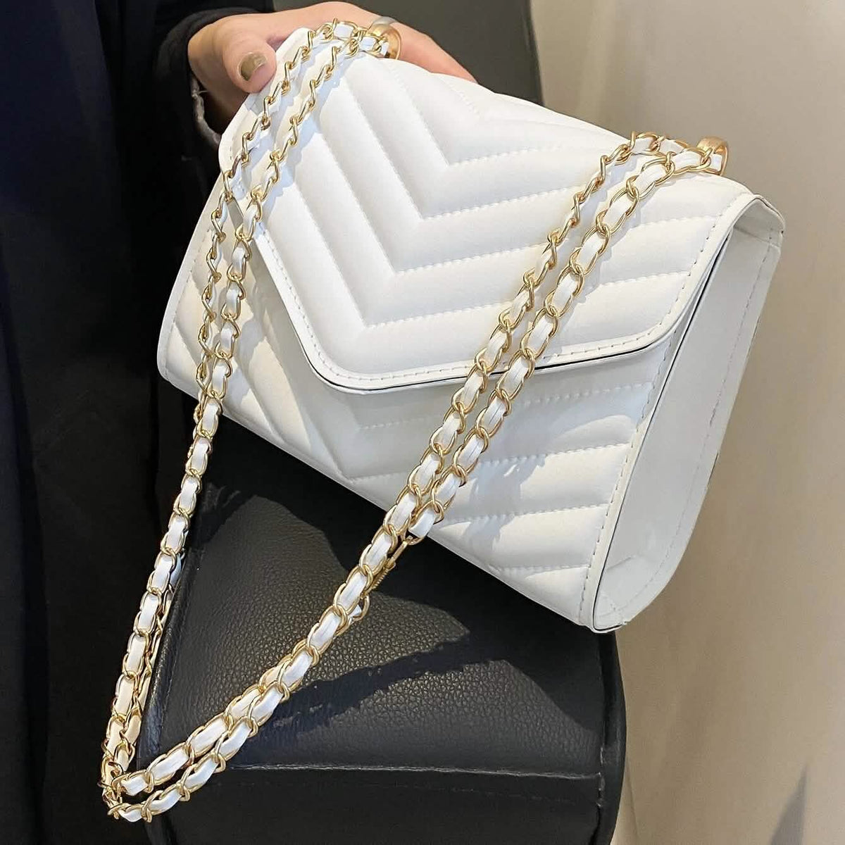 Quilted Pattern Flap Chain Square Bag