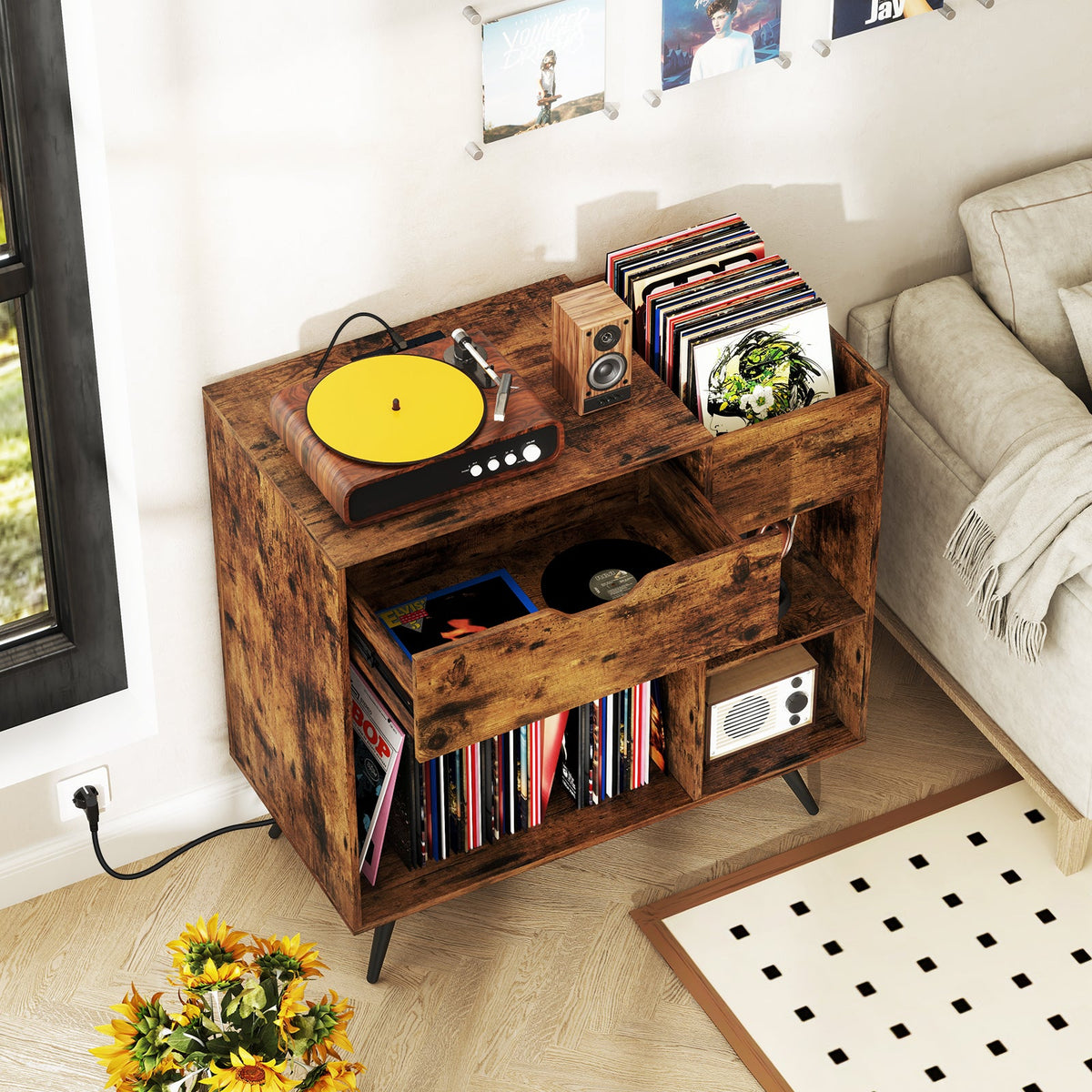 Record Player Stand with Power Outlet-Rustic Brown