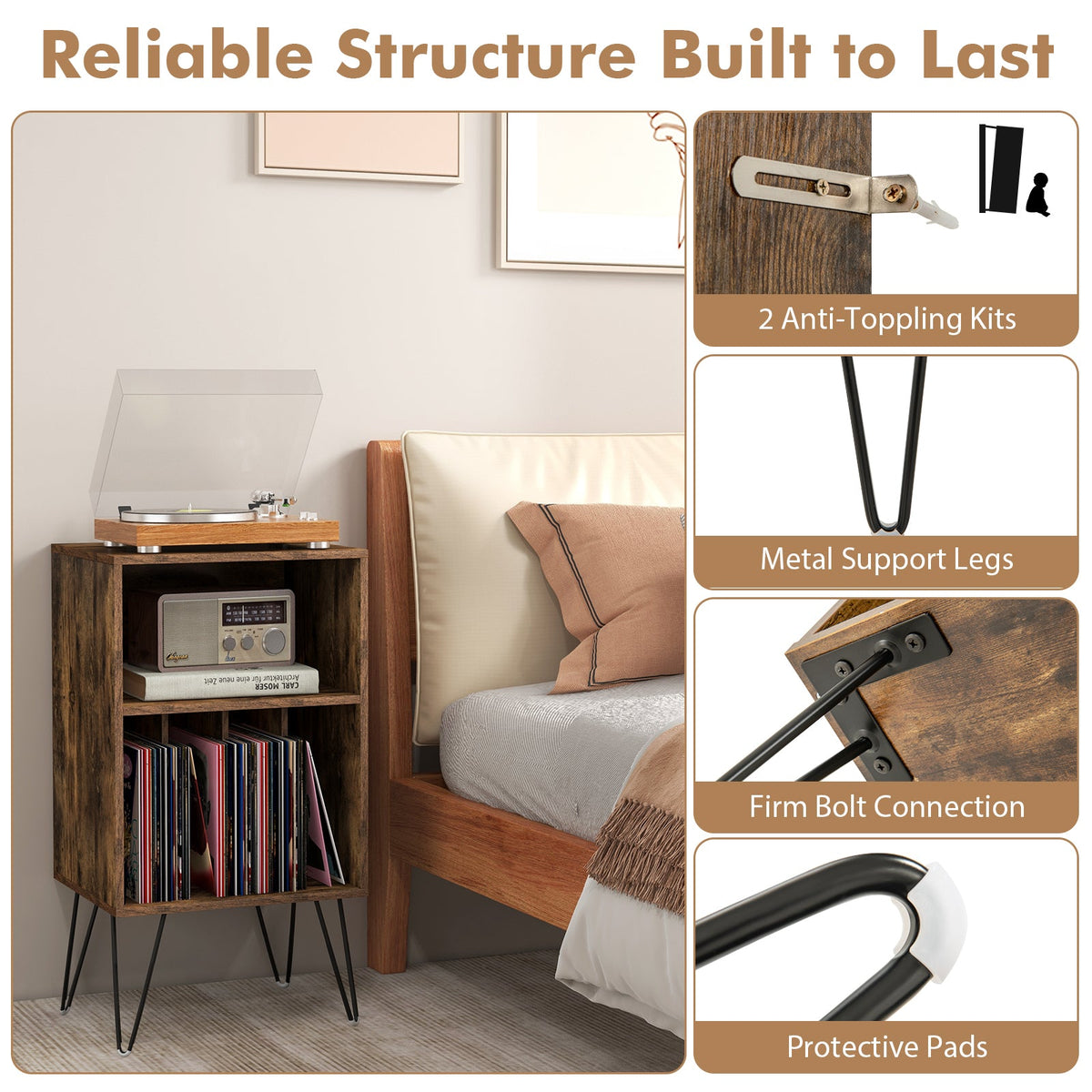 Record Player Stand with Charging Station